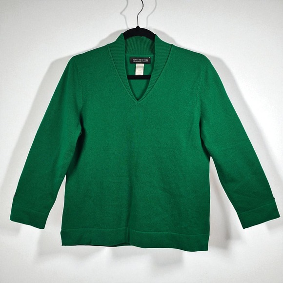 Jones New York Collection Sweater Woman Large 100% Cashmere V Neck Green Knit - Picture 1 of 8